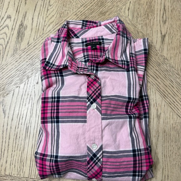 Talbots Women's Medium Black Pink Plaid Long Sleeve Button-Up Shirt - Picture 1 of 7